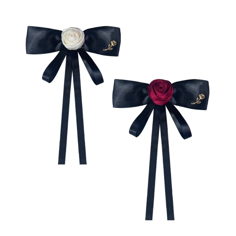 

Elegant Camellia Pins Necktie with Ribbon and Bow Ribbon Versatile Accessory Rose Collar Lady Brooches
