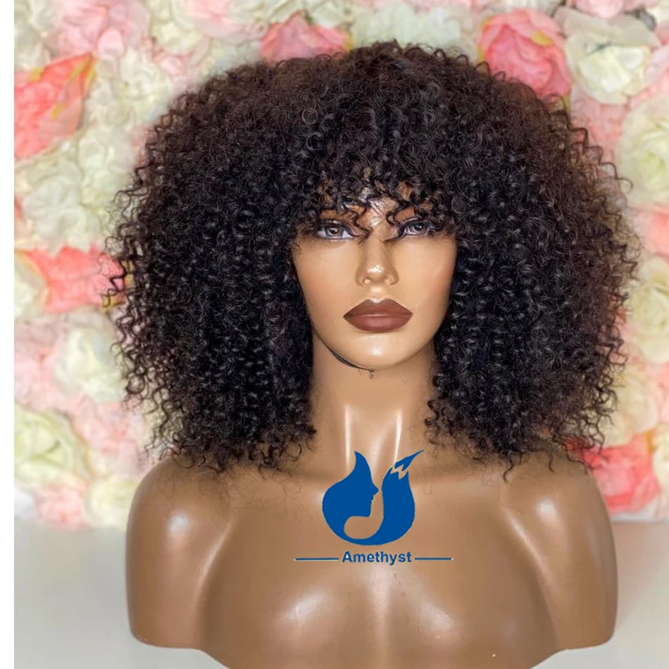 

Amethyst Natural Kinky Curly Afro Human Hair Wig With Bangs For Black Women Full Machine Made None Lace Wig Scalp Top Remy Hair