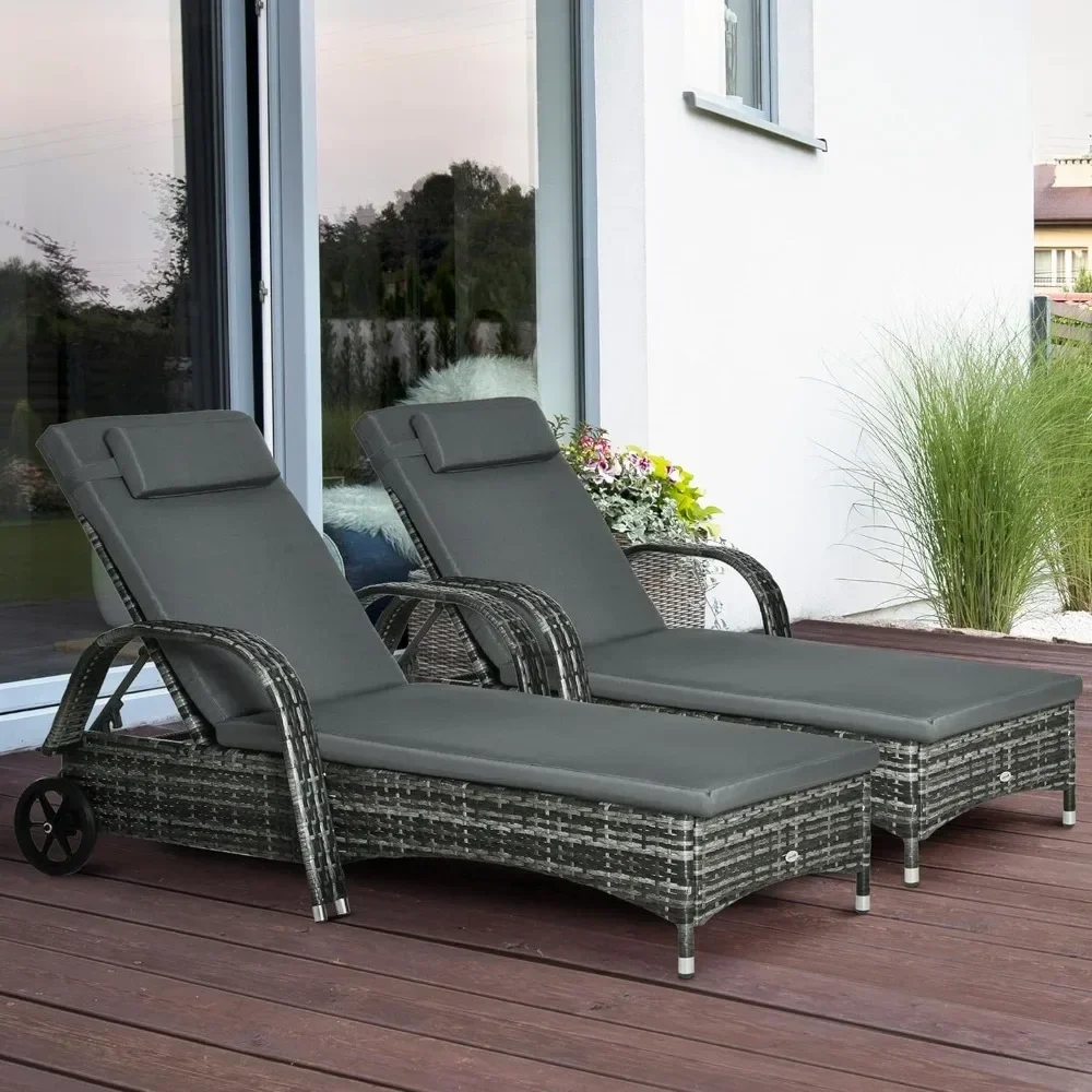 Outdoor Chaise Lounge Set of 2, 5-Level Adjustable Backrest PE Rattan Chair with Wheels, Cushion & Headrest, Chaise Lounge Chair
Outdoor Chaise Lounge Set of 2, 5-Level Adjustable Backrest PE Rattan Chair with Wheels, Cushion & Headrest, Chaise Lounge Chair