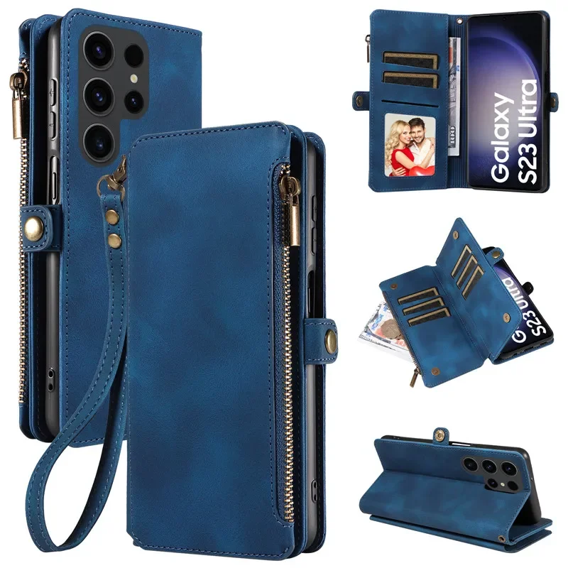 

Flip Wallet Case for Samsung Galaxy S24 S23 S22 S21 S20 FE Ultra Plus S10 S9 Mobile Wtist Strap Phone Bags Cellphone Cover