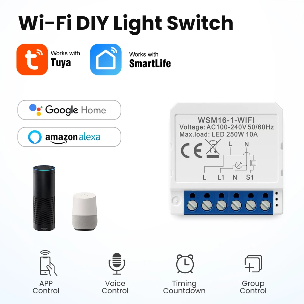 

Tuya WiFi Zigbee Smart Light Switch Module No Neutral Wire 2 Ways Control Mini DIY Breaker Work For Alexa Google Home Alice