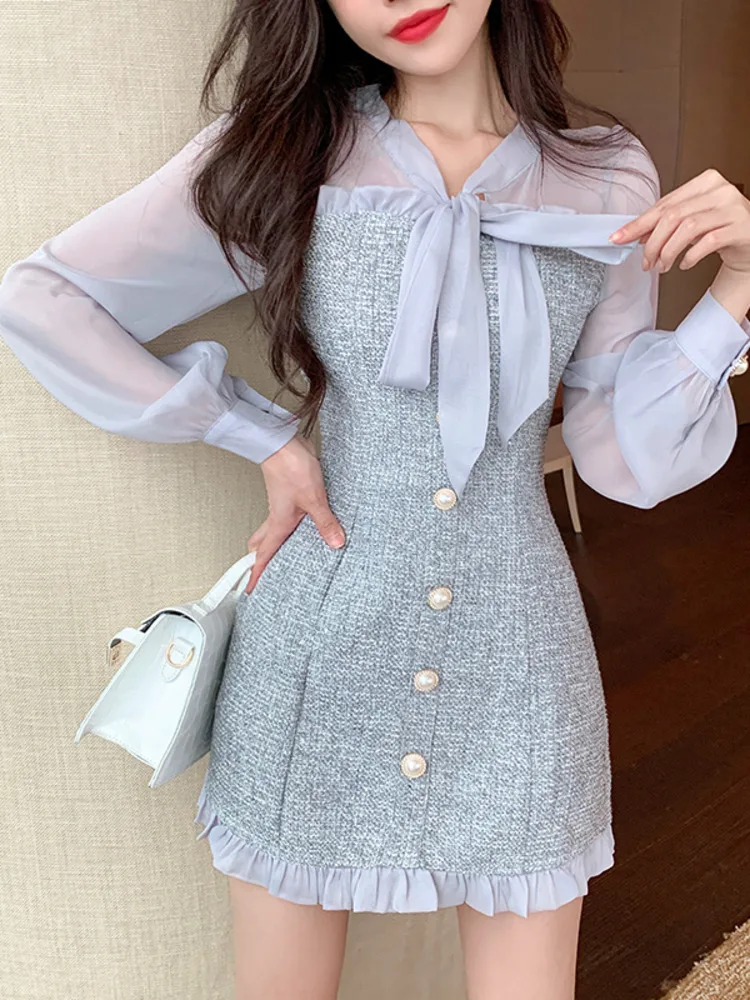 New Spring Vintage Sexy See-through Chiffon Patchwork Tweed Mini Dress Women Ribbon Bow Single-breasted Long Sleeve Party Dress
New Spring Vintage Sexy See-through Chiffon Patchwork Tweed Mini Dress Women Ribbon Bow Single-breasted Long Sleeve Party Dress