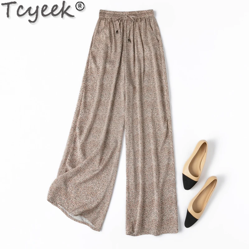 

Tcyeek 100% Mulberry Silk Pants for Women Clothes Lace-up 2024 Casual Long Woman Trousers Fashion Stright Pants Streetwear Women