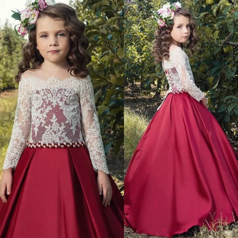 

New A Lin Flower Girl's Pageant Dresses Jewel Neck Lace Long Sleeves Appliques Tulle Party Dresses Button Back Gown Communion