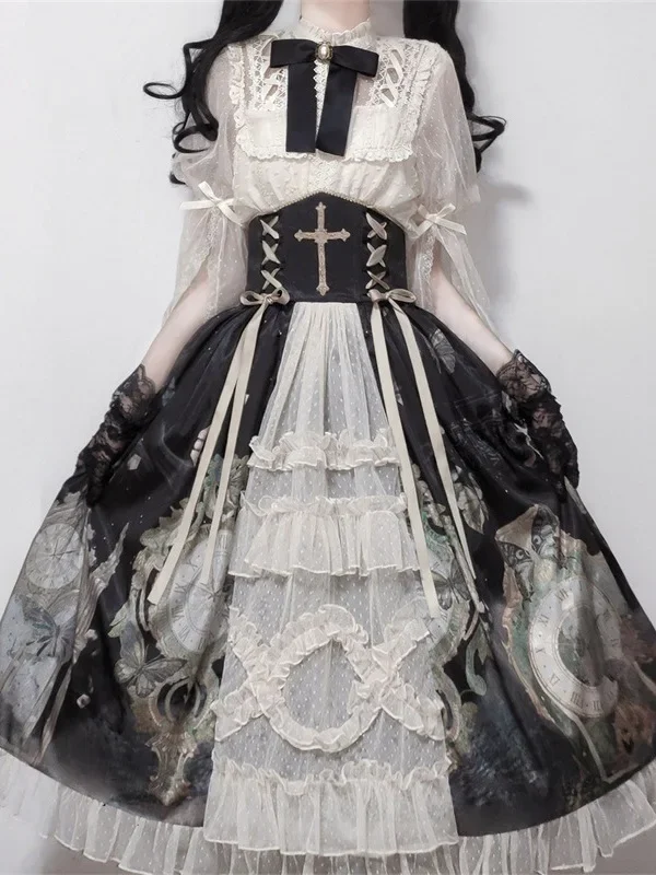 

Victorian Gothic Lolita Dress Kawaii Women Sweet Lace Sleeve Blouses Butterfly Print Princess Skirt Vintage Elegance Lolita Sets