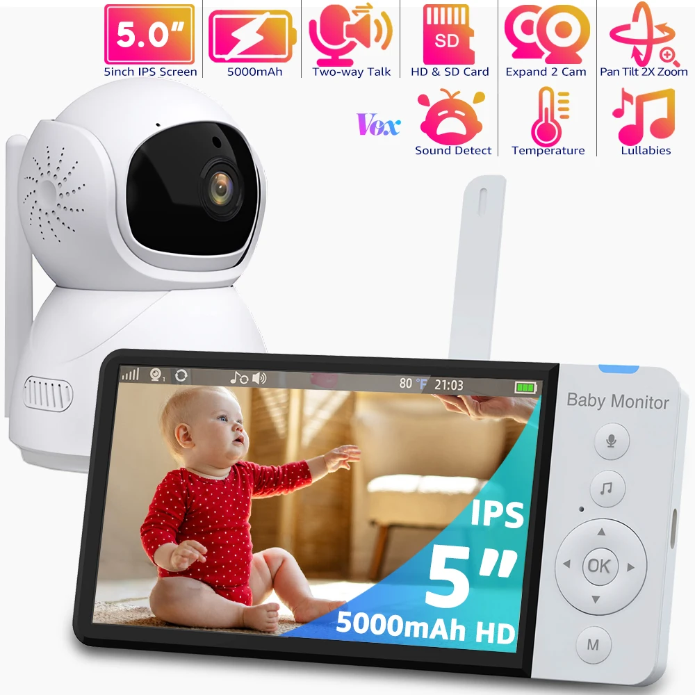 

5"HD Baby Monitor with Camera,4X Zoom 5000mAh Battery IPS Screen BabyPhone,Nanny PTZ Camera Babysitter 2-way Audio Baby Cameras