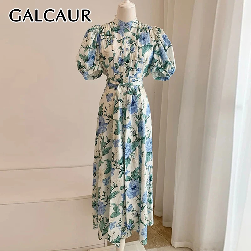 

GALCAUR Vintage Printing MIdi Dresses For Women Lapel Short Sleeve High Waist Patchwork Lace Up Elegant Colorblock Dress Female