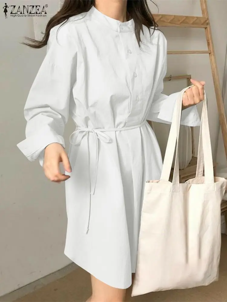 

ZANZEA Casual Stand Collar Short Robe 2024 Spring Elegant Belted Mini Dress Women Solid Sundress Korean Style Long Sleeve Dress