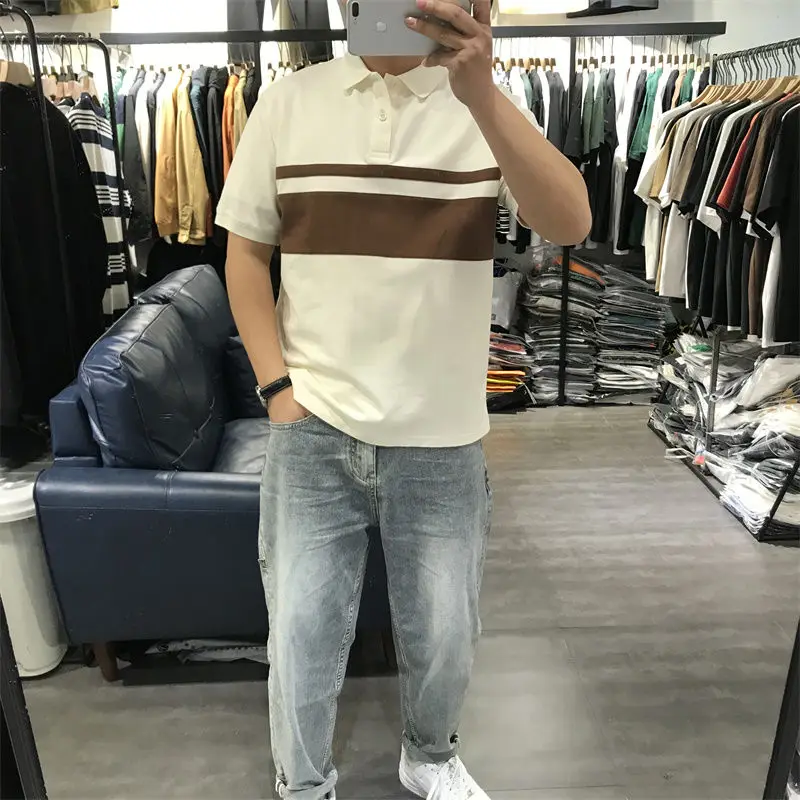 

Summer Men Loose Stripe Polo Shirts Korean Streetwear Fashion Male Clothes New Contrast Color Lapel Short Sleeve Thin Casual Top