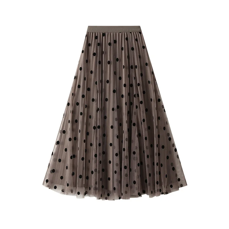 

Long Dot Mesh Skirt Women 2023 Spring Autumn New High Waist Drooping Double-Sided Pleated Big Hem A- line Skirt Women