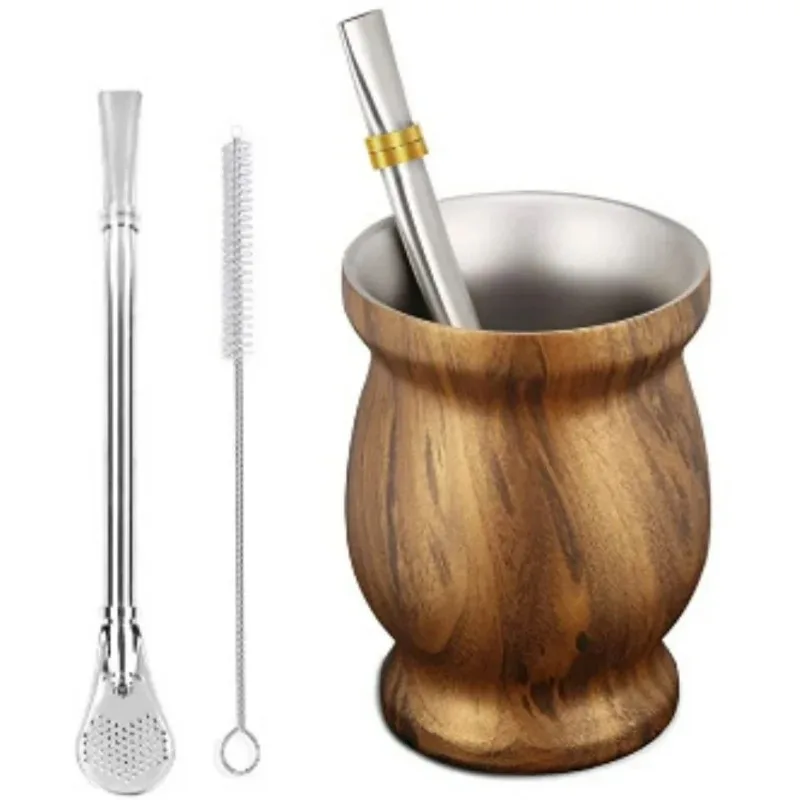 

230ML 304 Stainless Steel Double Walled Yerba Mate Sets Straw Spoon Tea Brush Marble Wood Grain Anti Scald Cup Outdoor Teaware