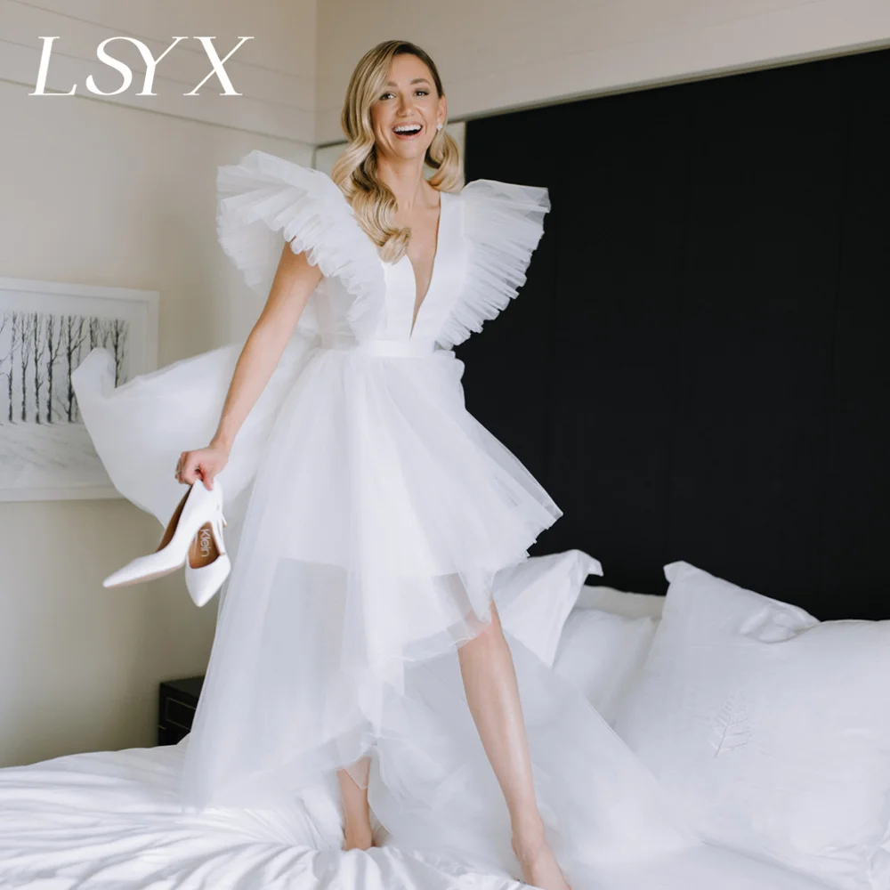 

LSYX V-Neck Flare Sleeves Tulle High Low A-Line Wedding Dress IOpen Back Court Train Knee Length Bridal Gown Custom Made