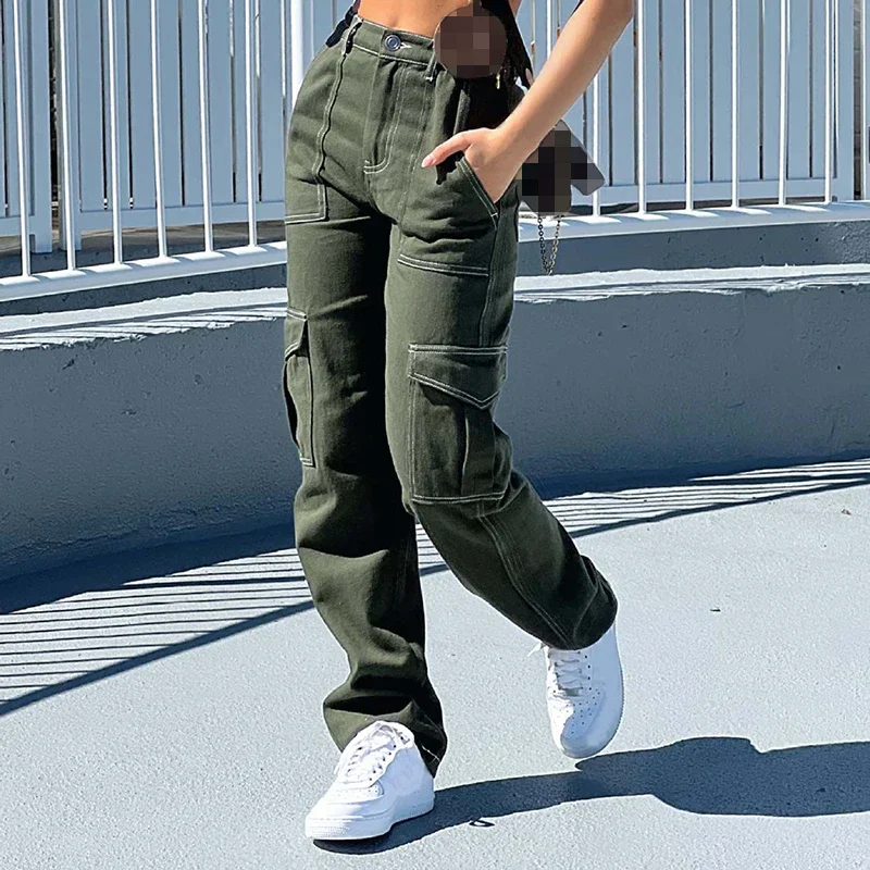 

Army Green High Waist Straight Leg Pants for Women Fashion Big Pockets Splice Cargo Long Pants Femme Casual Loose Black Trousers