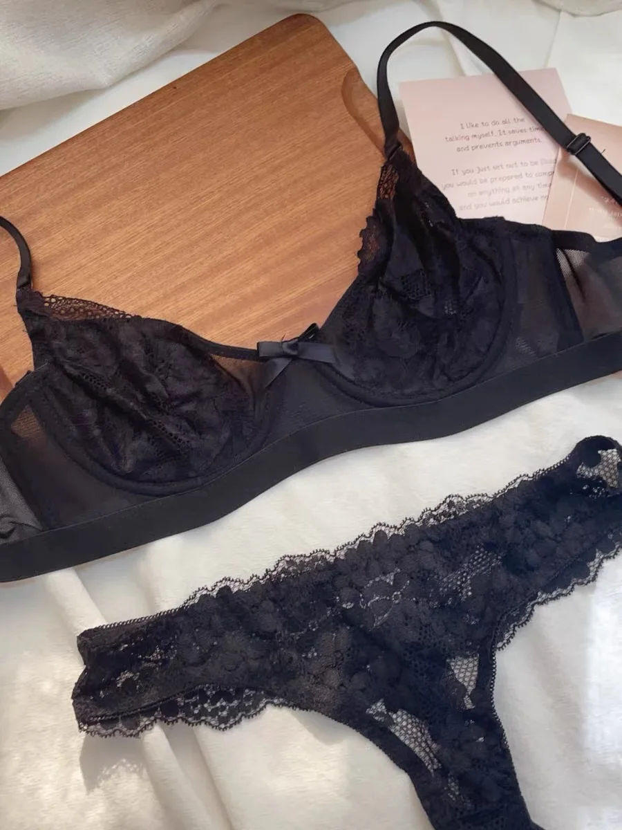 Ultra thin French Bra Underwear Women Large Chest Show Small Sexy Lace Lingerie Briefs with Steel Ring Black Transparent Bra Set
Ultra thin French Bra Underwear Women Large Chest Show Small Sexy Lace Lingerie Briefs with Steel Ring Black Transparent Bra Set