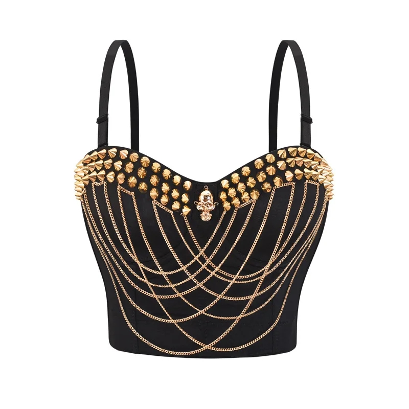 

Black / Gold Rivets & Chains Hot Sexy Push Up Bra Punk Rave Rock Bralette For Women Crop Top Mujer Nightclub Bar Party Show Wear