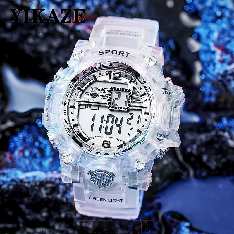 

YIKAZE Digital Man Wristwatches Luminous Chronograph Military Watches Outdoor Sports Waterproof Transparent Strap LED Watch