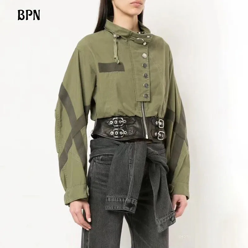 

BPN Streetwear Patchwork Leather Jackets For Women Round Neck Long Sleeve Hit Color Spliced Zipper Chic Coats Female Fashion New