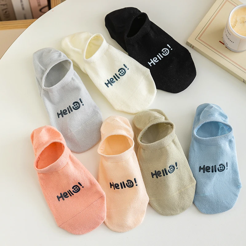 

6 Pairs Women Socks Korean Style Colors Letter Hello Causal Socks For Girl Spring Summer Breathable Female Invisible Socks Funny