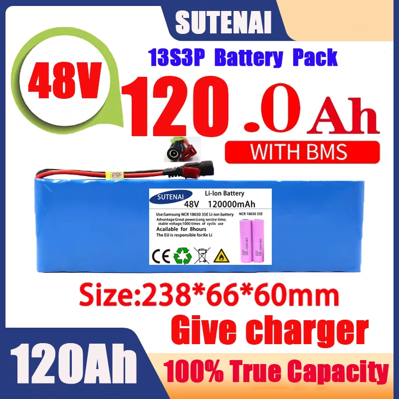 

New 48V 120000mAh 1000w 13S3P 48V Lithium ion Battery Pack 120Ah For 54.6v E-bike Electric bicycle Scooter with BMS+charger