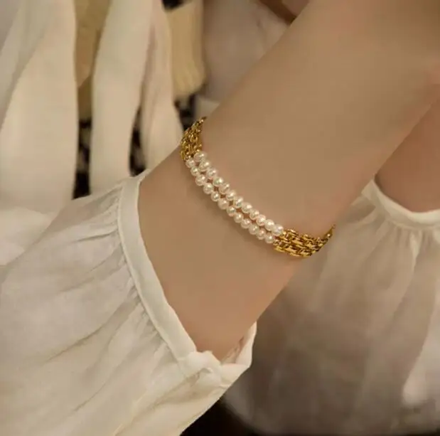 

Brass With 18K Real Layered Baroque Pearl Watch Band Bracelet Women Jewelry Punk Party T Show Gown Runway Korean Japan Style