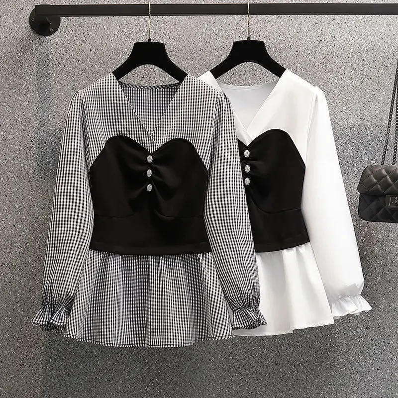 

Женская модная Повседневная Блузка с V-образным вырезом в стиле пэчворк на весну и осень Корейская Облегающая рубашка из двух частей с длинным рукавом женская одежда E376