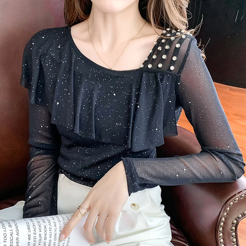 

Women's Autumn Wear O-Neck Pullover T-shirt Fashion Ruffle Edge Gauze Diamonds Splicing Tight Versatile Long Sleeved Tops V474