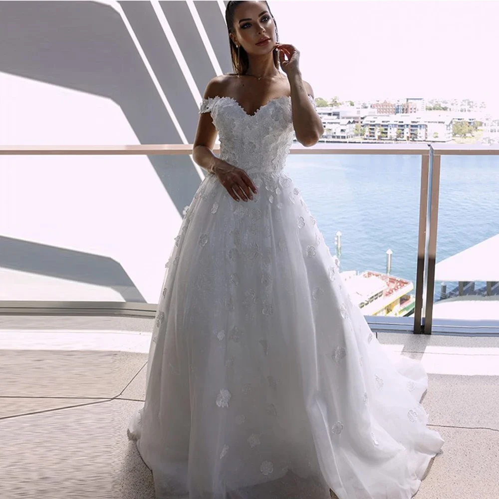 

White V-Neck Wedding Dresses Elegant Backless Off The Shoulder Bride Dress 3D Appliques Tulle A-Line Bridal Gown Sweep Train