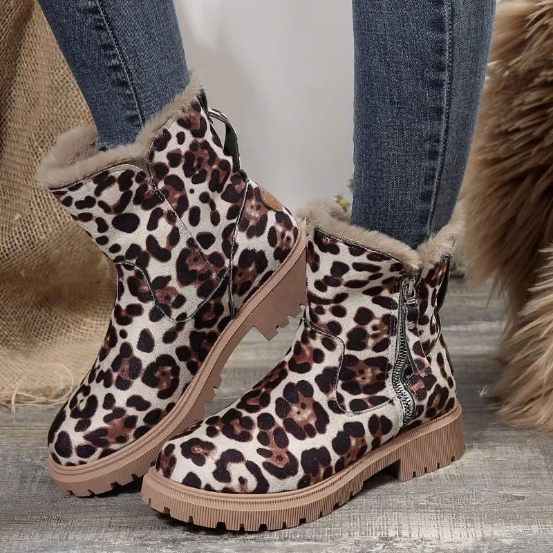 

Женская обувь, новинка 2023, женские ботинки на молнии, зимние ботинки из флока с круглым носком разных цветов и леопардовым принтом, короткие ботинки на низком каблуке
