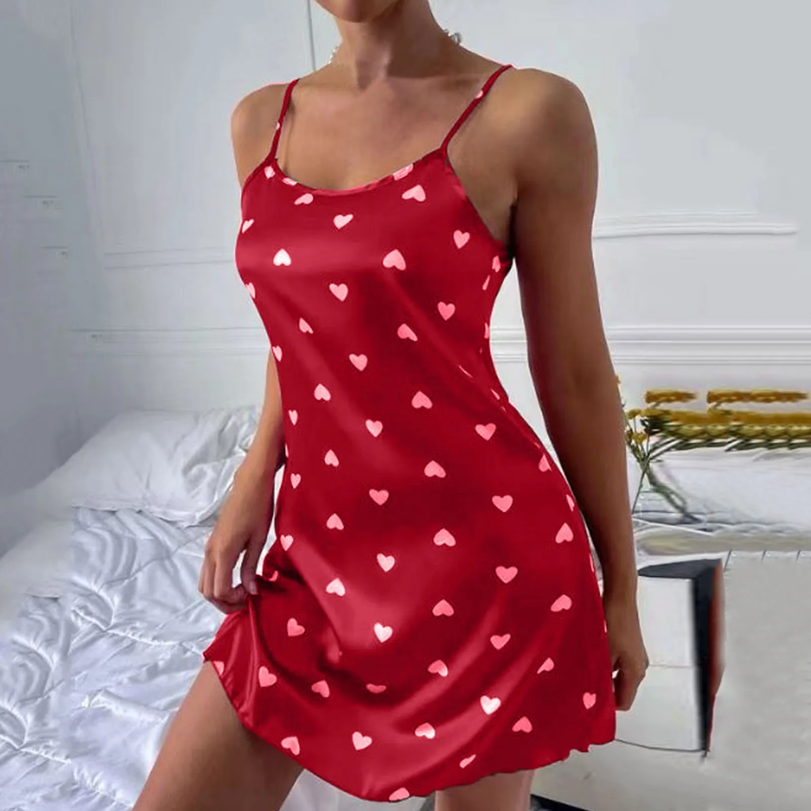 

Women Sexy Mini Nightdress Valentines Heart Print Spaghetti Strap Pajamas Stain Slip Sleepwear Babydoll Nightwear Teddies Dress