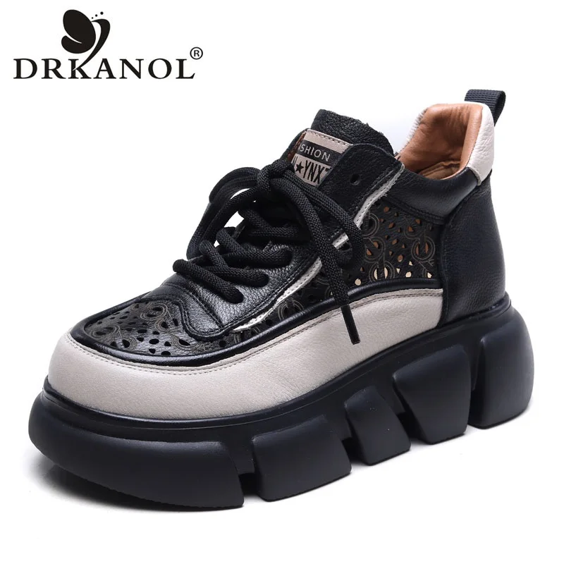 

DRKANOL 2024 Fashion Mixed Colors Genuine Leather Shoes Women Wedges Heel Platform High Top Hollow Breathable Summer Shoes Black