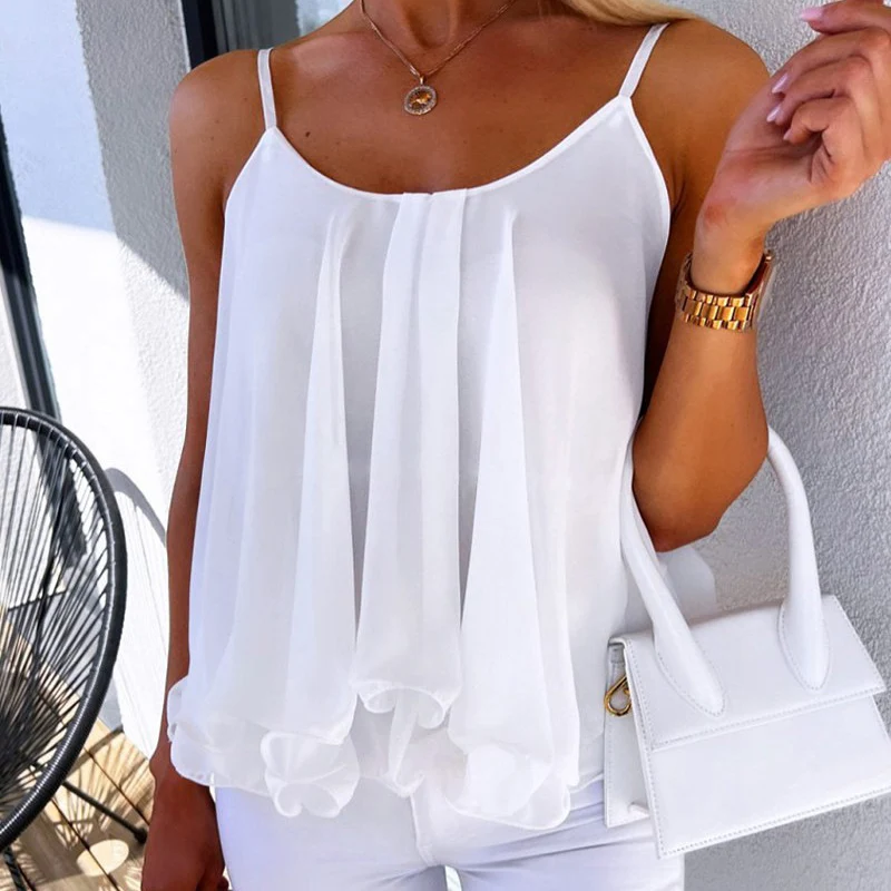 

Elegant Solid O-Neck Blouse Shirts Women Fashion Spaghetti Strap Loose Chiffon Pullover Tops Ladies New Summer Sexy Ruffle Blusa