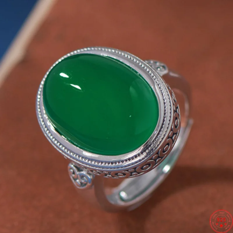 

S925 Sterling Silver Rings for Women Men New Fashion Ethnic Style Ancient Totem Oval Green Agate Punk Jewelry Free Shipping