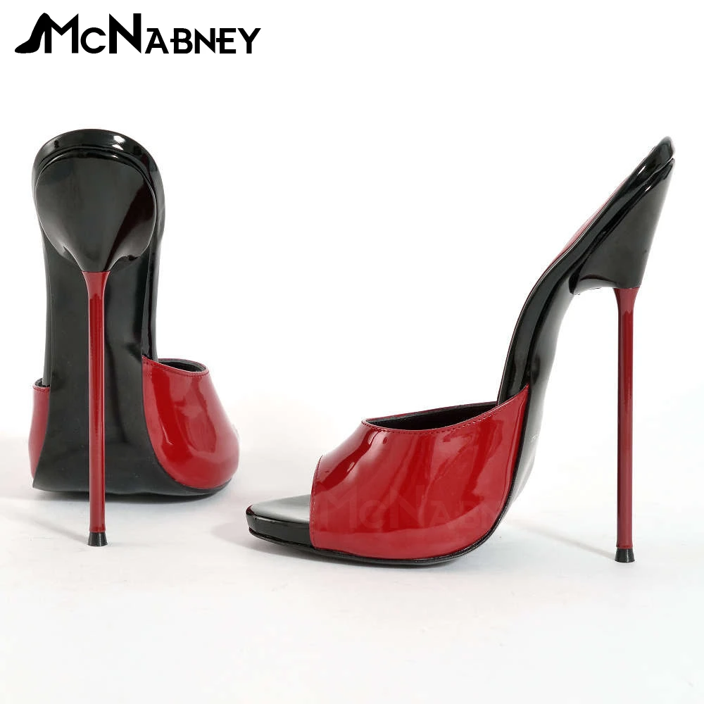 

Red Needle Stiletto Mules Sexy Peep Toe Slippers Black and Red Patent Leather Summer Shoes Extremely High Heeled Stiletto Sandal