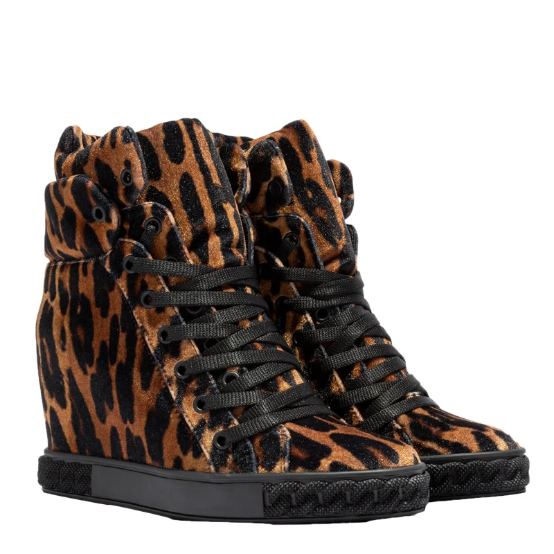 

Roman Leopard Horsehair Inner Wedge Lace- Up Boots Thick Sole Round Toe Height Increasing High Top Sneaker Boots Woman