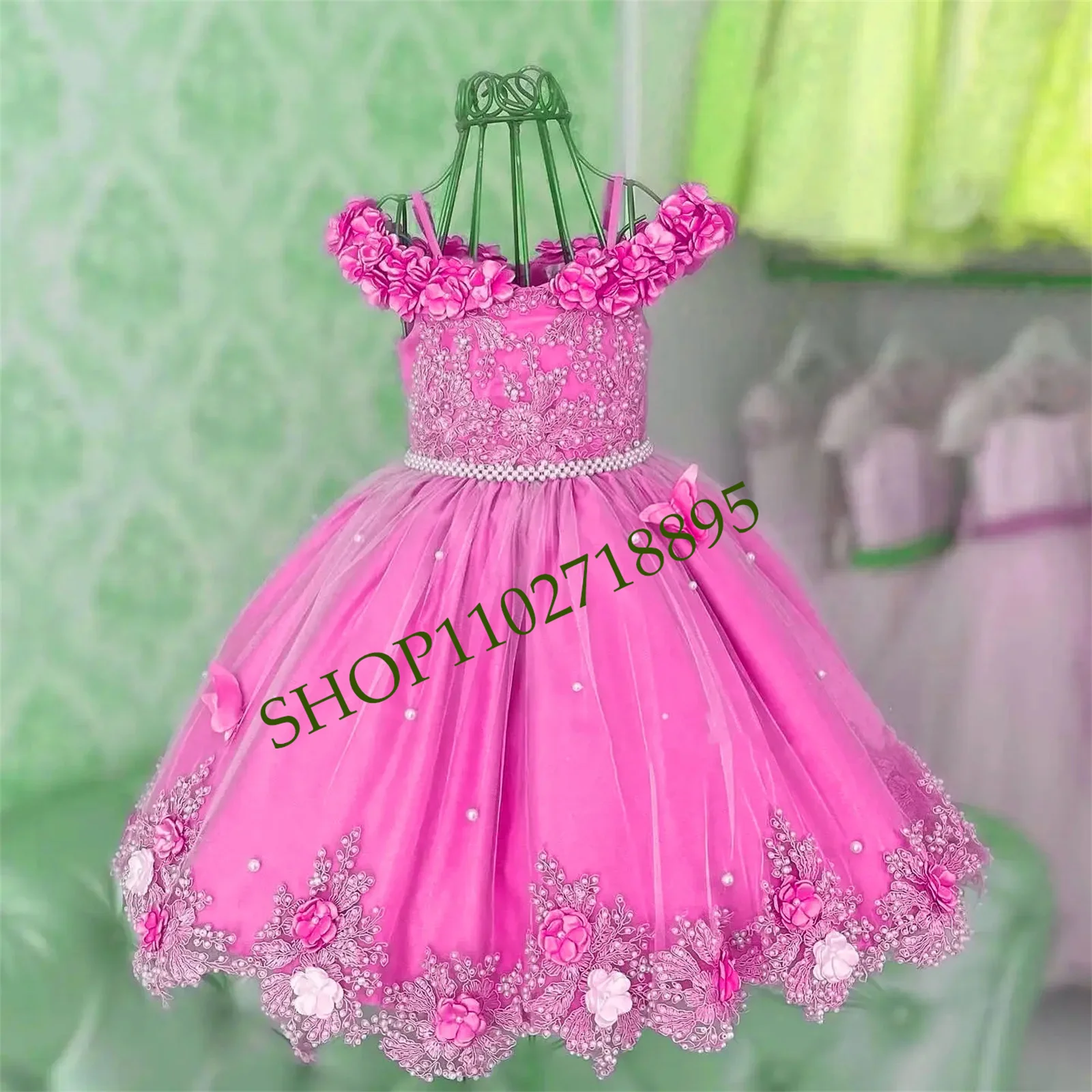 

Satin Luxury Flower Girl Dress For Wedding Sleeveless Applique With Pearls Bow Kids Birthday Party Tulle Pageant Ball Gown New