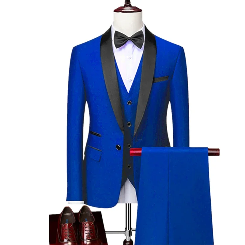 

Men's Lapel Black Collar 3 Piece Suit Set Coat Vest Trousers / Business Groomsmen Groom Wedding Dress Fprmal Blazer Pants
