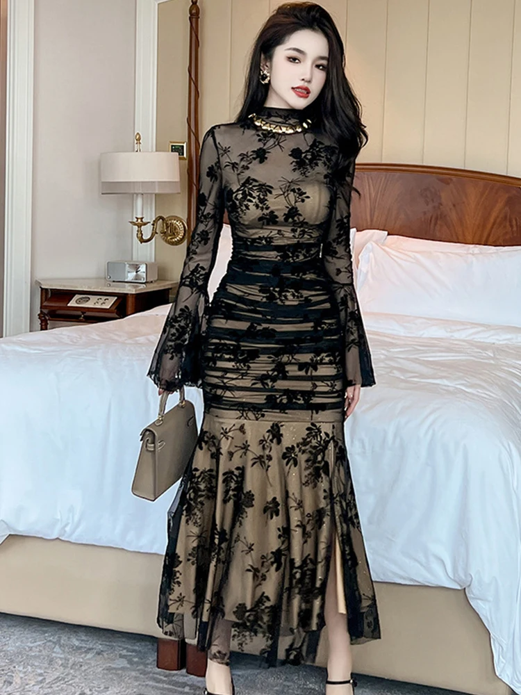 

French Elegant Prom Dresses Woman Retro Black Perspective Elastic Mesh Folds Wrap Hip Slit Fishtail Robe Female Party Vestidos