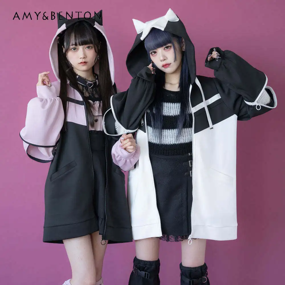 

Spring New Japanese Sweet Cute Mine Mass-Produced Jacket Goth Patchwork Hooded Jackets for Women Kawaii Oversized Zipper Coat