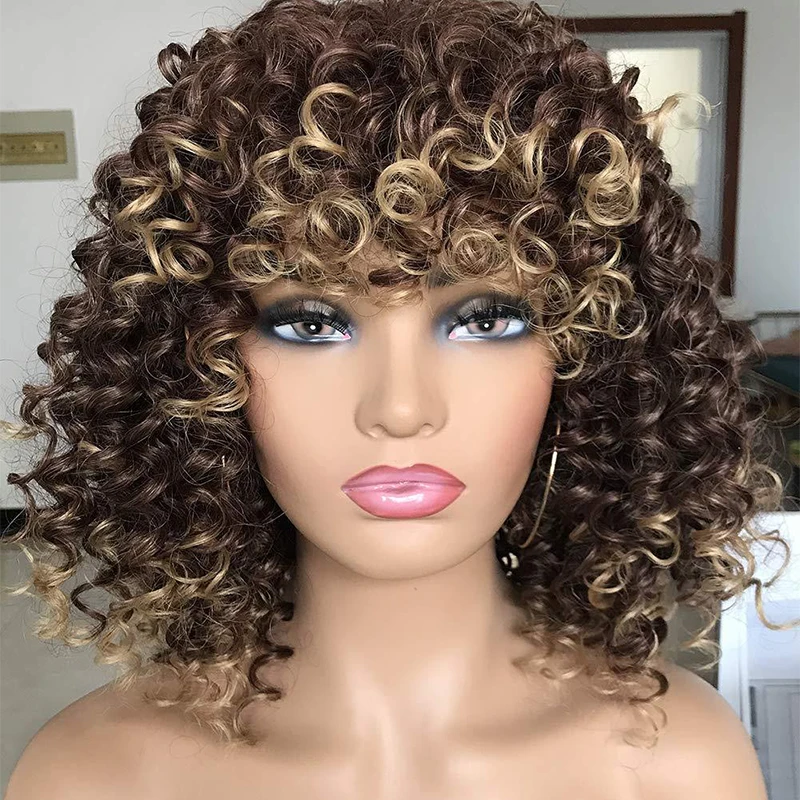 

Short Hair Afro Kinky Curly Wigs With Bangs For Black White Women Synthetic Cosplay Natural Ombre Brown Blonde Curly Bob Wig