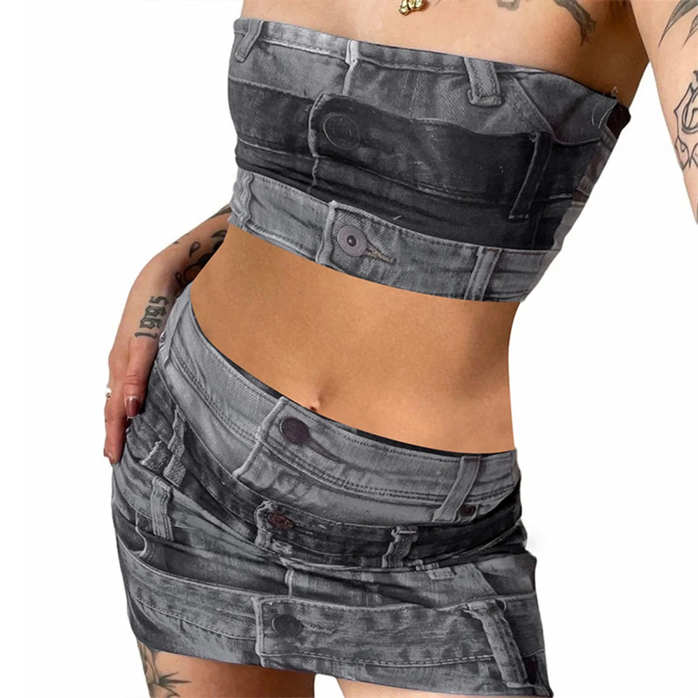 Women Summer 2-Piece Outfits 3D Denim Print Sleeveless Bandeau and Elastic High Waist Mini Beach Skirt Clubwear 
Women Summer 2-Piece Outfits 3D Denim Print Sleeveless Bandeau and Elastic High Waist Mini Beach Skirt Clubwear