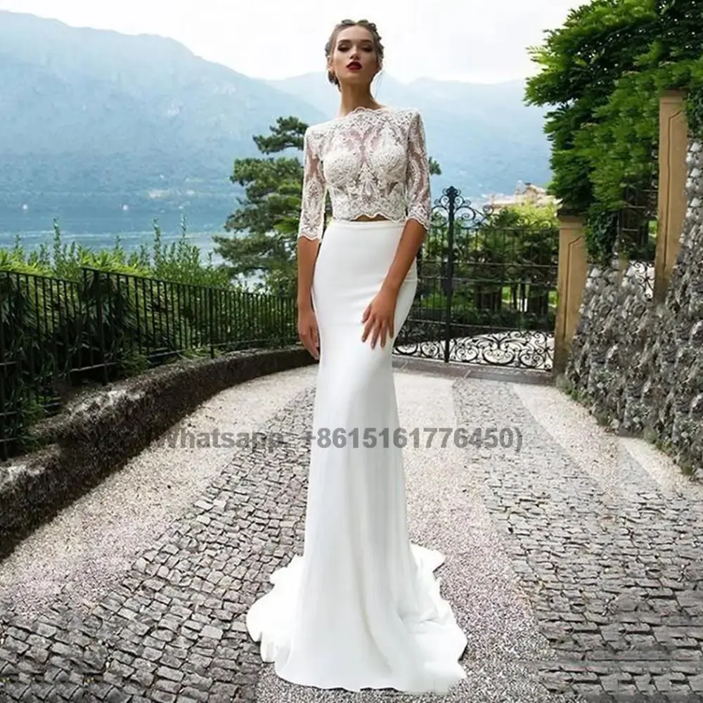 

Boat Neck Mermaid Wedding Dresses Lace Applique Half Sleeve Zipper Back Bridal Gowns Out-Fit Satin Court Train Vestidos De Novia