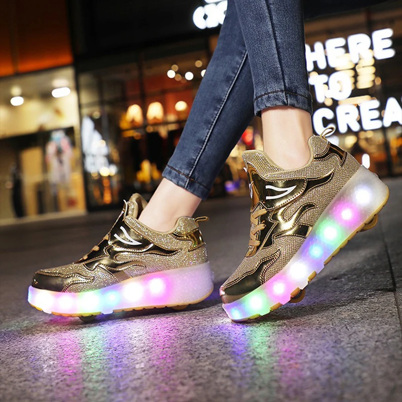 

Figure Skating Led Wheel Sneakers Kids Boys and Girls USB Charging Glowing Roller Shoes with Lights Double Wheels Skate Shoes