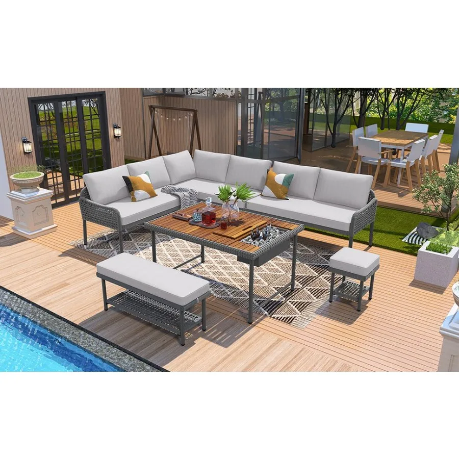 KK 6Piece Rope Patio Furniture LShaped Set Outdoor Sectional Sofa Set with Acacia Wood Table with Ice Box Rope Benches Rope Con KK 6Piece Rope Patio Furniture LShaped Set Outdoor Sectional Sofa Set with Acacia Wood Table with Ice Box Rope Benches Rope Con
