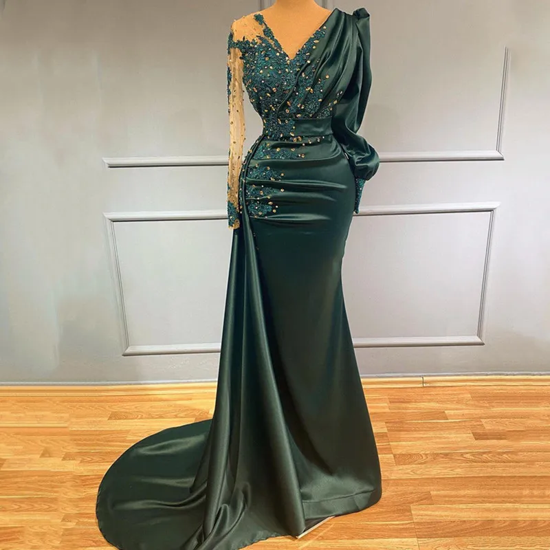 Green Prom Dresses Luxury V-Neck Long Sleeves Mermaid Satin Evening Dress Elegant Women's Ball Gown Lace Party Dress
Green Prom Dresses Luxury V-Neck Long Sleeves Mermaid Satin Evening Dress Elegant Women's Ball Gown Lace Party Dress