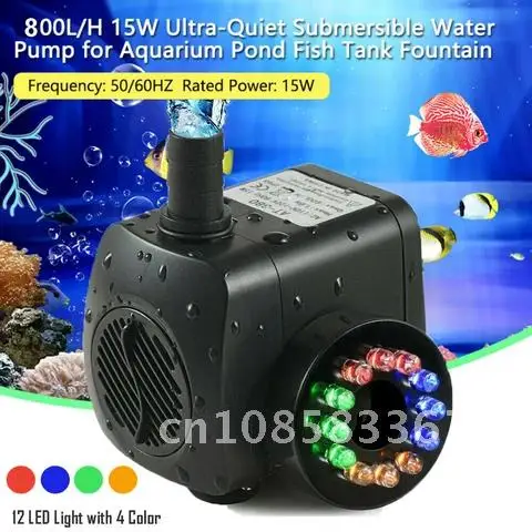 

15W 220V Submersible Water Pump With 12 LED lights 220-240V 800L/H For Aquarium Fish Tank Pond Fountain EU/UK/US Plug