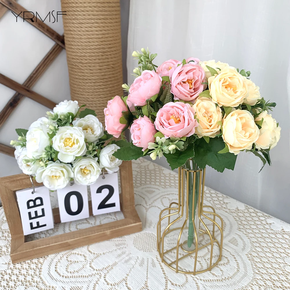 Generic Artificial Flowers 10 Heads Peony Pink Silk Roses Bride Bouquet