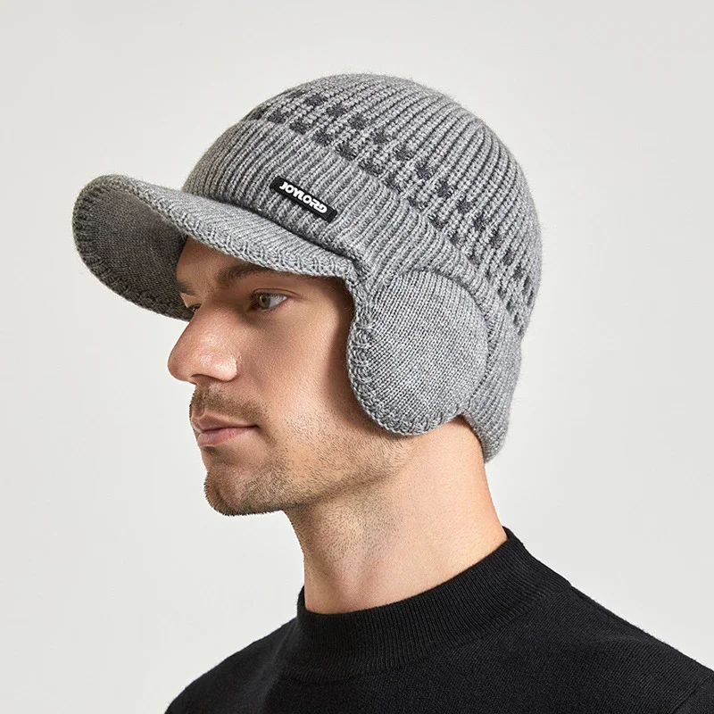 

Men's Knitted Baseball Hat With Earflap Insulation Warm Fur Lined Skullies Beanies British Style Riding Woollen Hat Pile Bonnet