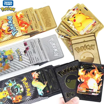 포켓몬 카드 장난감 선물, 피카츄 골드 실버 블랙 컬러풀 Vmax GX Vstar 영어 스페인어 프랑스어 독일어 컬렉션 카드, 27-110 개
