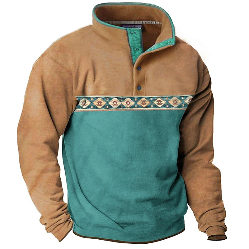 

Vintage Ethnic Print Hoodies For Men Patchwork Colours Button Sweatshirt Autumn & Winter Oversized Pullover Male Casual Tops