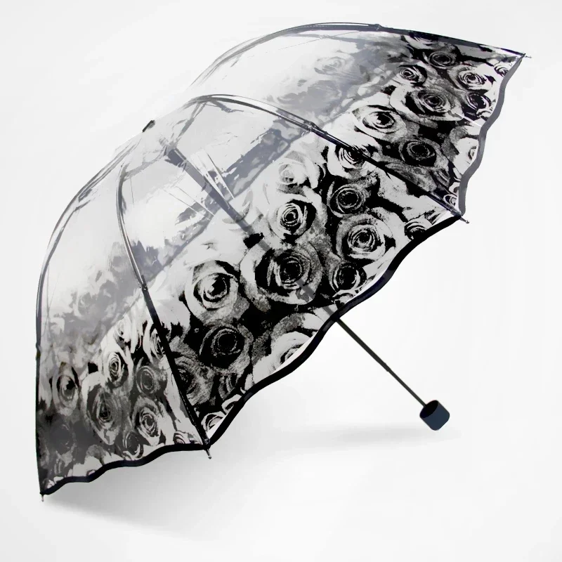 

Fashion Rose Beautiful Transparent Umbrella Japan Women's Folding Umbrellas Rain Women parapluie Lace parasol female Rain Gear